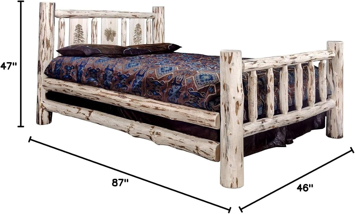 Montana Woodworks Pine Tree Design Laser Engraved Log Bed in Clear Lacquer Finish (Twin: 87 in. L x 46 in. W x 47 in. H (184 lbs.))