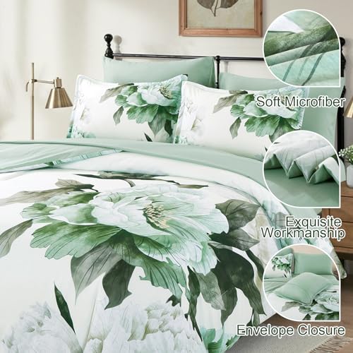 Teal Comforter Set King 7 Piece Bed in a Bag, Teal Blue Floral Printed Comforter Set with Sheets, Soft Microfiber Botanical Complete Bedding Set for All Season
