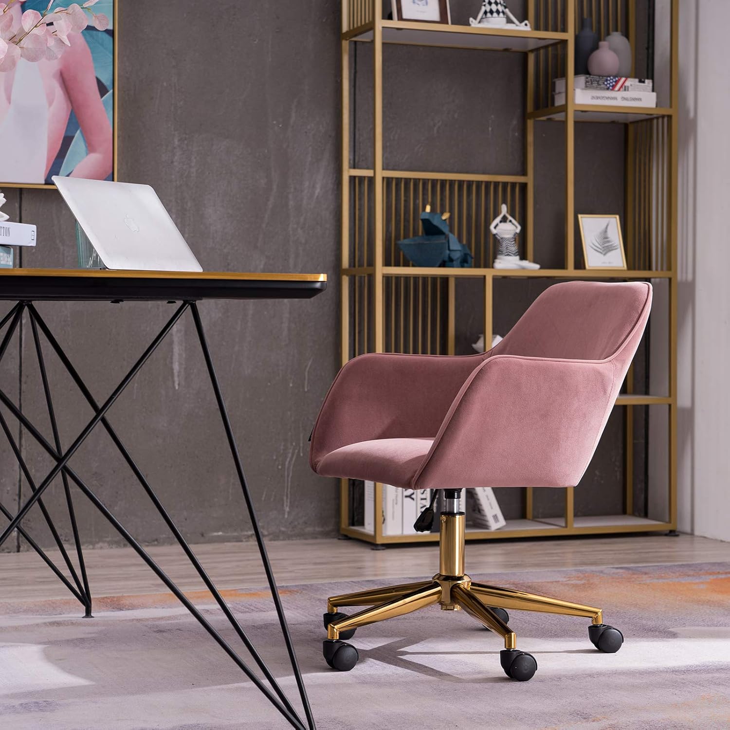 Modern Velvet Fabric Material Adjustable Height 360 revolving Home Office Chair with Gold Metal Legs and Universal Wheels for Indoor,Pink