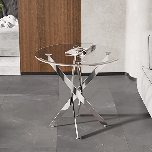 Round Glass End Table with Chrome Legs, Modern Tempered Glass Side Table, 0.39