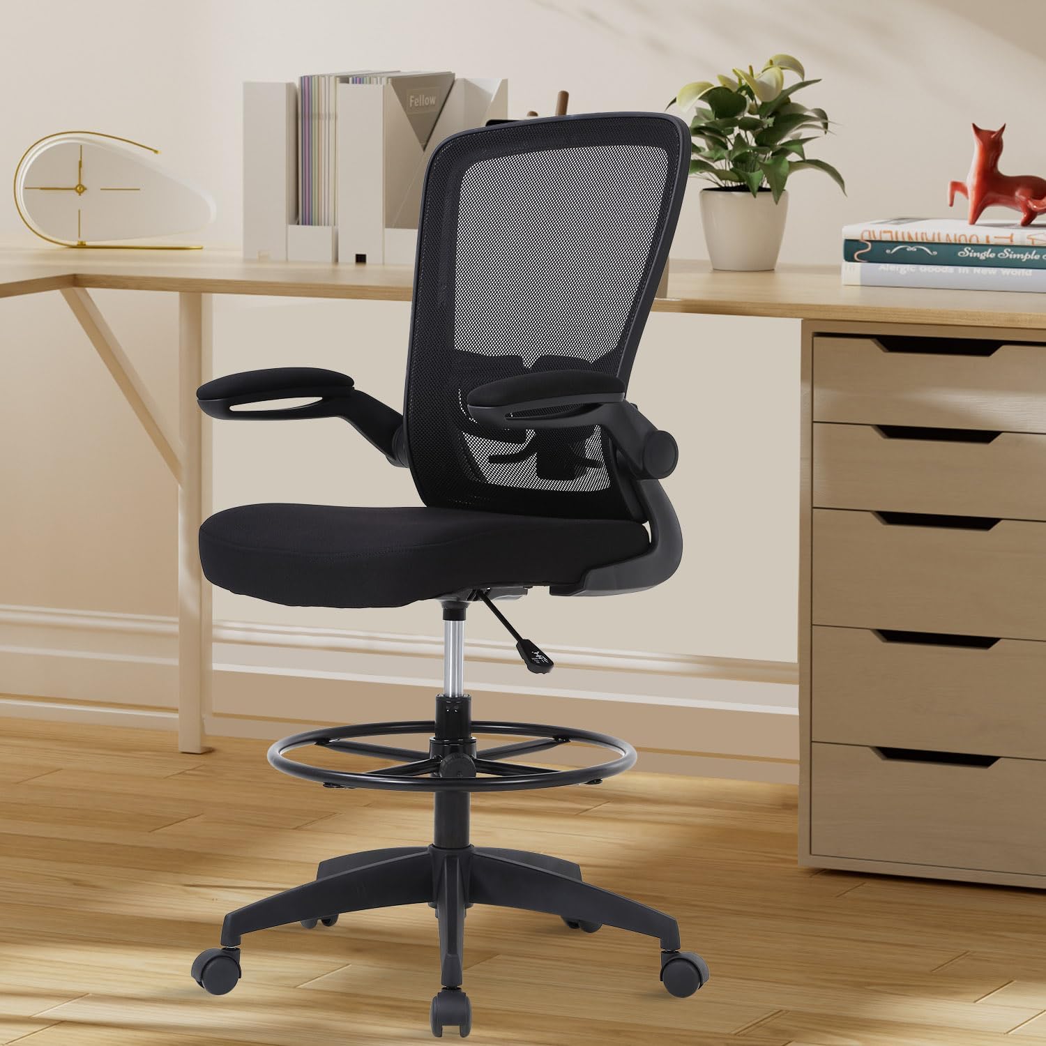 Adjustable Ergonomic Drafting Office Chair with Lumbar Support and Mesh Back for Standing Desks Tall Ergonomic Drafting Chair for Office Use with Lumbar Support, Mesh Back, and Footrest,Black