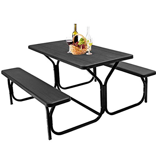GYMAX Picnic Table, Picnic Bench Easy to Assemble w/All Weather Wood Grain Tabletop & Metal Frame, Picnic Tables for Outdoors Camping Backyard Deck Patio Poolside Dining Party