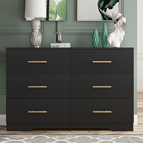 Vibe & Dine White Dresser 6 Drawer, Wooden Dressers & Chests of Drawers with Gold Handles, Modern Double Dresser for Bedroom