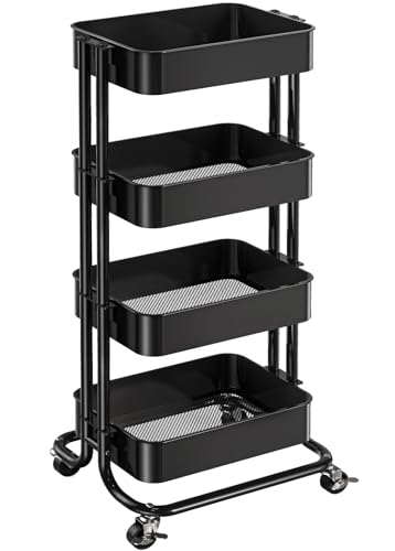 Pipishell 3 Tier Metal Rolling Utility Cart, Heavy-Duty Storage Rolling Cart with 2 Lockable Wheels, Multifunctional Mesh Organization Utility Cart for Kitchen Dining Room Living Room (White)