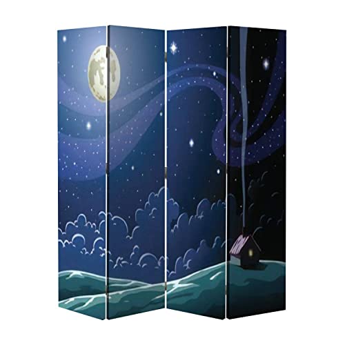 4 Panel Canvas Room Divider Screen Picture of a Tree Black Silhouette with Mountain Peak and Full Moon on Canvas Privacy Partition Room Divider Wall Divider for Home Office Bathroom
