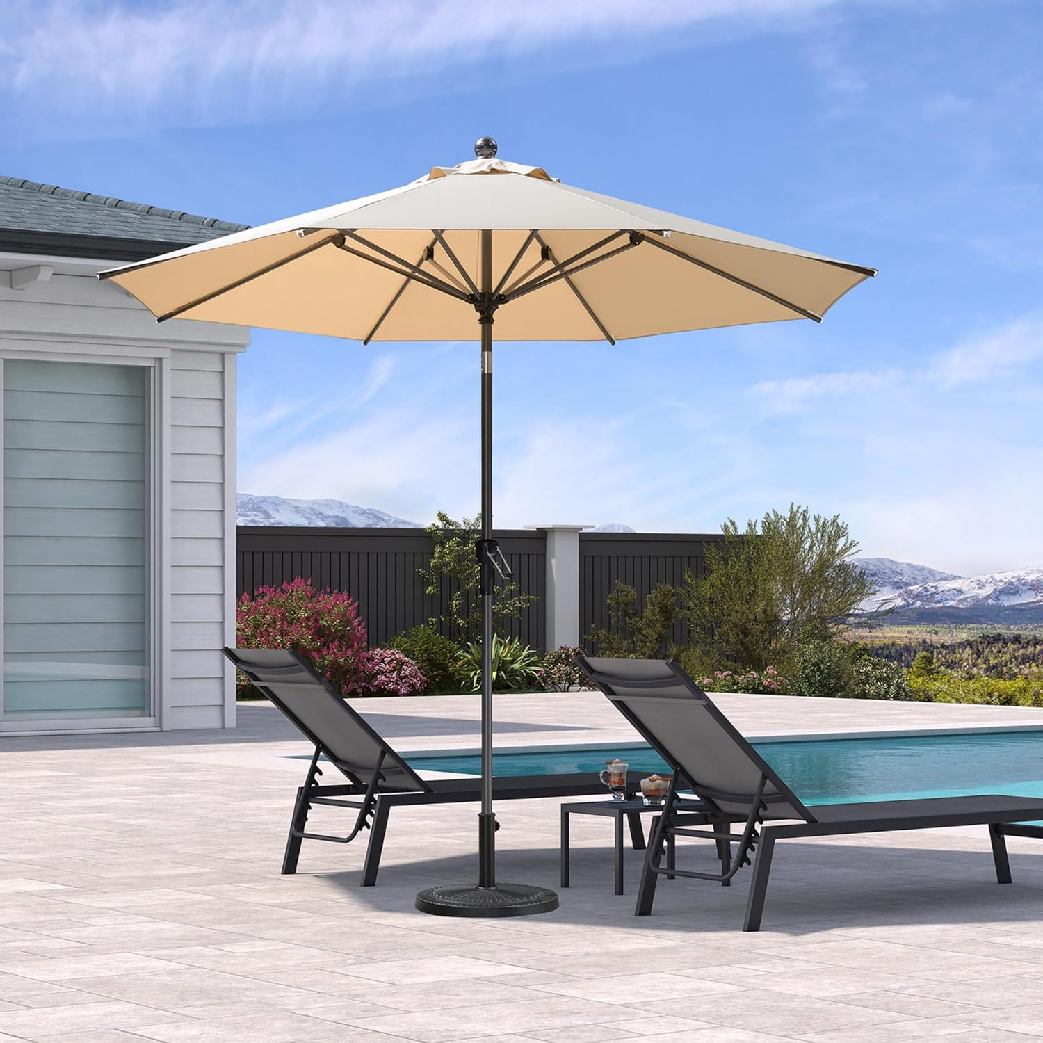 PURPLE LEAF 9' Round Patio Umbrella Outdoor Table Umbrella Aluminum Frame Market Umbrella Sun Umbrella with 8 Sturdy Ribs & Tilt for Garden Deck Lawn & Pool Beige