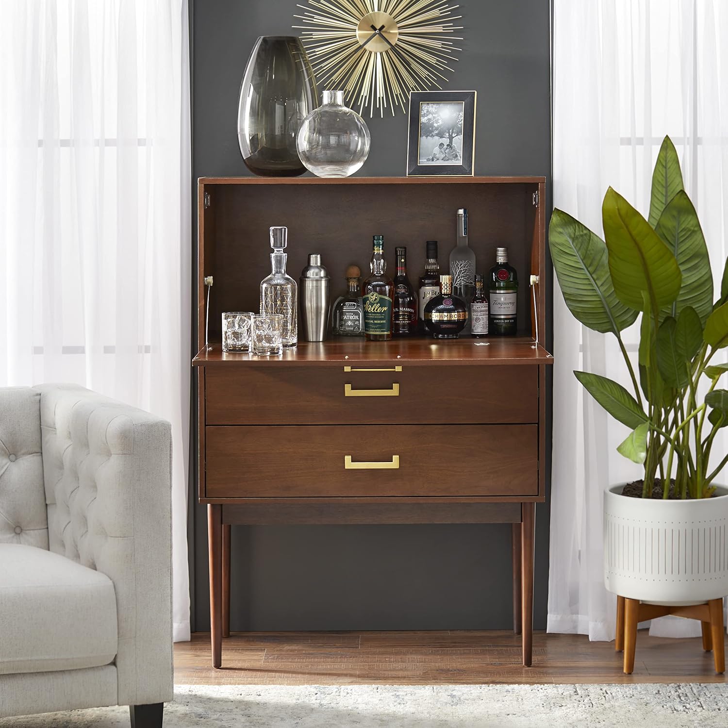 Target Marketing Systems Jonelle Tall Bar, Mid-Century Modern Style Shelf with 2 Drawers, Liquor Cabinet with Pull-Down Door, Anti-Tip Hardware Included, 31.5”W x 52.75”H, Walnut