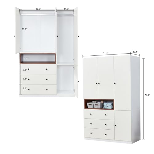 Armoire Wardrobe Closet Wood with 3 Doors 2 Drawers and Hanging Rod Bedroom Armoires White Cabinet for Ample Storage Space with Metal Handles 47.3