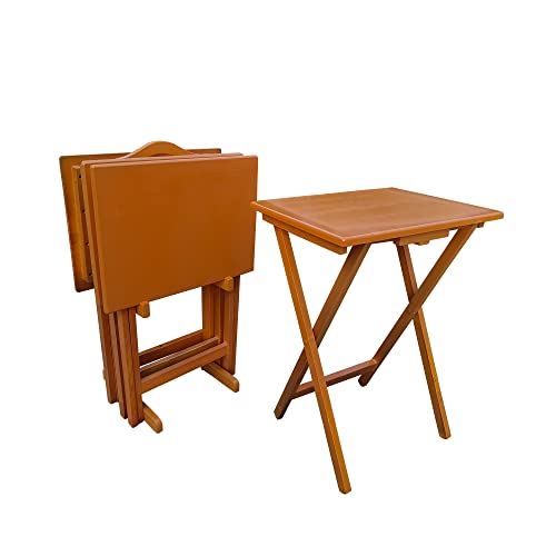 Folding TV Tray Table Set of 4, Portable Sofa Side Table Solid Wood TV Tray, Industrial Snack Table End Table Dinner Table for Living Room, Bedroom, Office, Space-Saving (Set of 4, Chestnut)
