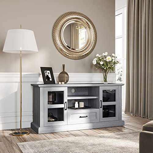 BELLEZE Rustic 62 Inch Modern TV Stand Fits TVs Up to 70 Inch, Storage Entertainment Center Console with Window Pane Glass Cabinet Doors and Adjustable Shelves - Trussati (Rustic Gray)