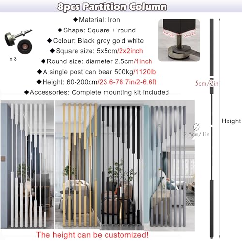 8 Pole Screen Partition Living Room, Modern Room Dividers Wall for Apartment Studio/Restaurant/Bedroom/Office Cubicle Decor, No Drilling Install, Privacy Separation Post (Color : Grey, Size : H190cm