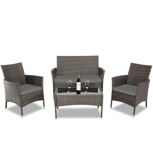 4 Pieces Outdoor Furniture Set PE Wicker Ratten Chairs Set Conversation Set Balcony Furniture with Cushion and Table for Backyard, Garden, Porch and Poolside (Brown/Beige)