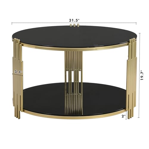 LUMISOL Round Mirror Coffee Table with Tempered Glass Tabletop and Circular Metal Drum Base, 31.5