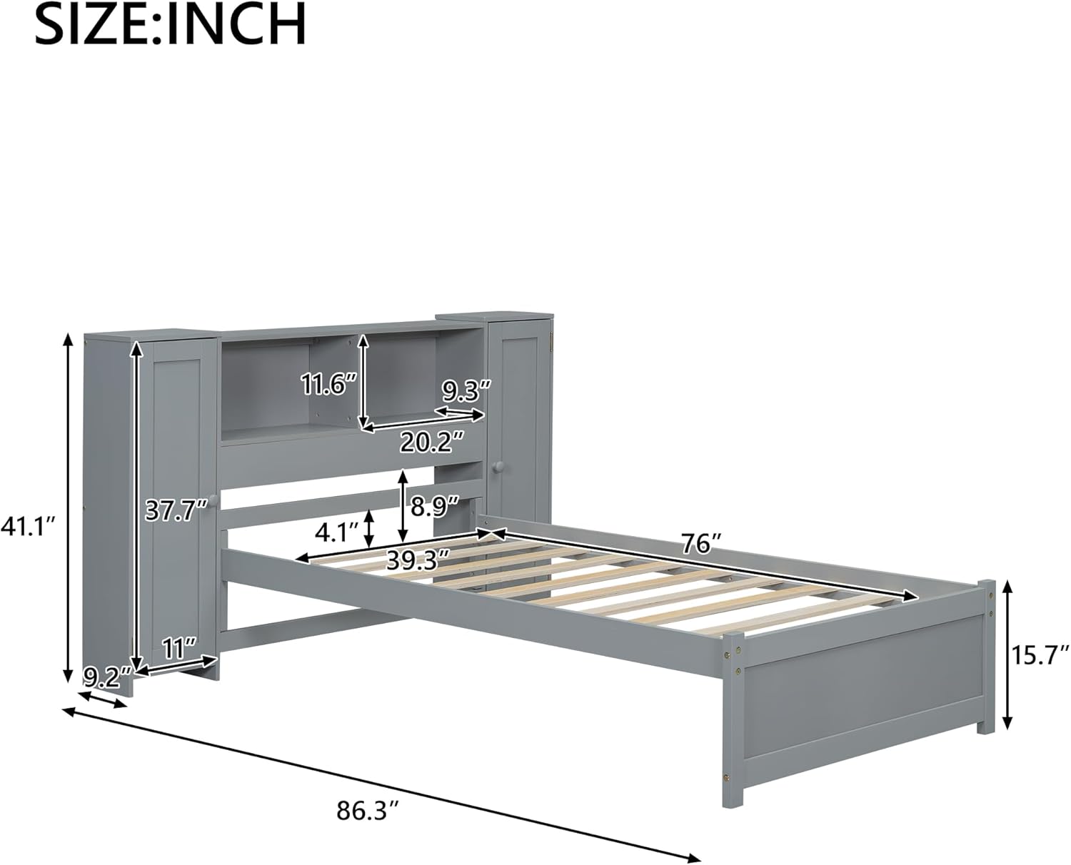 Multiple Design Twin Size Platform Bed with Storage Headboard and 2 Side Lockers,Wooden Storage Bedframe with Built-in Shelves,for Teens Adults Bedroom (Gray)