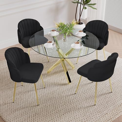 44 Inch Round Glass Dining Table Set for 4, 5 PCS Modern Tempered Glass Top Table with 4 Teddy Dining Chairs, for Kitchen Living Room Dining Room, Black with Gold Legs