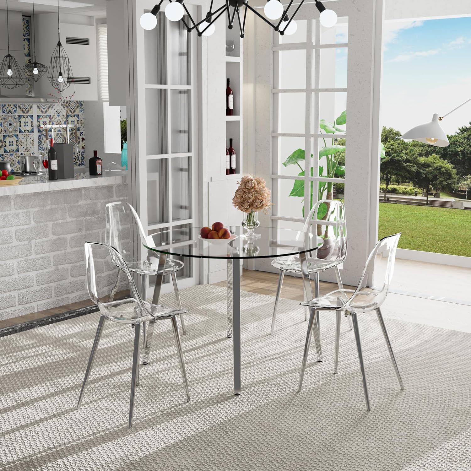 Baysitone Round Glass Dining Table Set for 4, 42'' Circle Dining Table Set, Dining Room Table Set for 4, Glass Kitchen Table Chairs Set with Clear Acrylic Chair, Kitchen Table Set with Accent Chairs