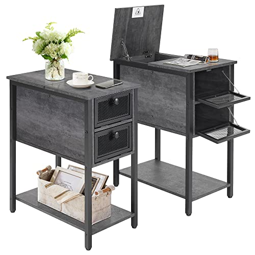 VECELO Flip Top Narrow Side Table with Storage Shelf,Wood Look for Living Room Bedroom, 2 Pcs, Carbon Grey
