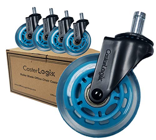 Office Chair Caster Wheels (Set of 5) [Heavy Duty, Soft Rubber, Fully Safe for All Floors incl. Hard-Wood] Desk Chair Roller Blade Style Caster Wheel Replacement - Blue Color