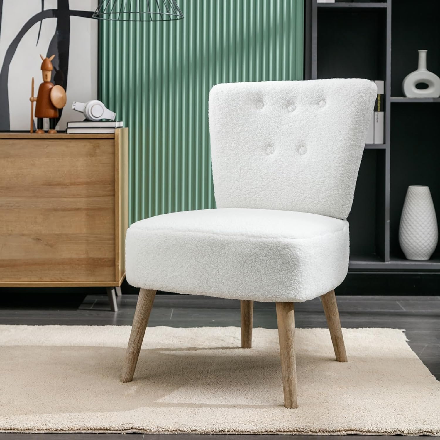 Accent Slipper Chair with Wooden Legs, White Accent Slipper Chair, Wool
