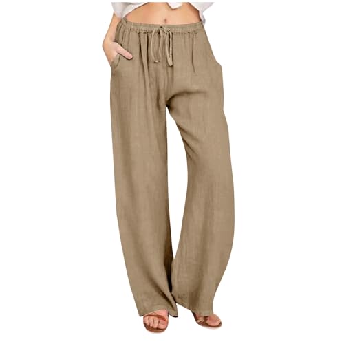 Cotton Linen Pants Women Plus Size Wide Leg Yoga Pants Drawstring Palazzo Lounge Pants Lightweight Straight Leg Pants