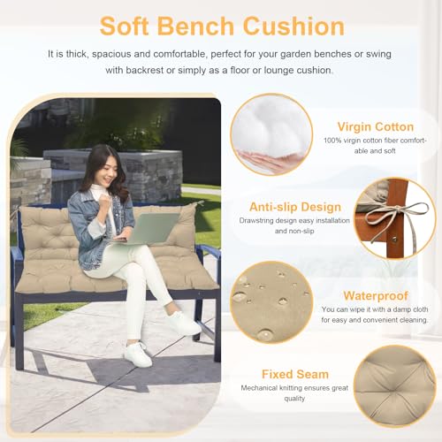 Porch Swing Cushion with Backrest,Waterproof Bench Cushion for Outdoor Furniture,2-3 Seater Replacement Thickened swing cushion with Ties,Patio,Outdoor,Backyard and Garden (Light Coffee,47x40