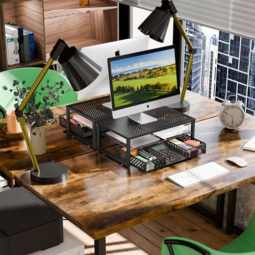 Glass Metal Monitor Stand Riser and Computer Desk Organizer with Drawer for Laptop, Computer, iMac, Black