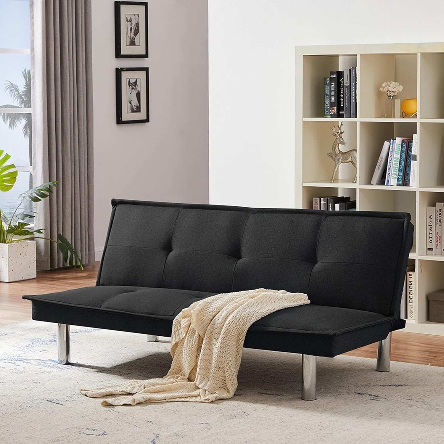 Black Fabric Sofa Bed ， Convertible Folding Futon Sofa Bed Sleeper for Home Living Room
