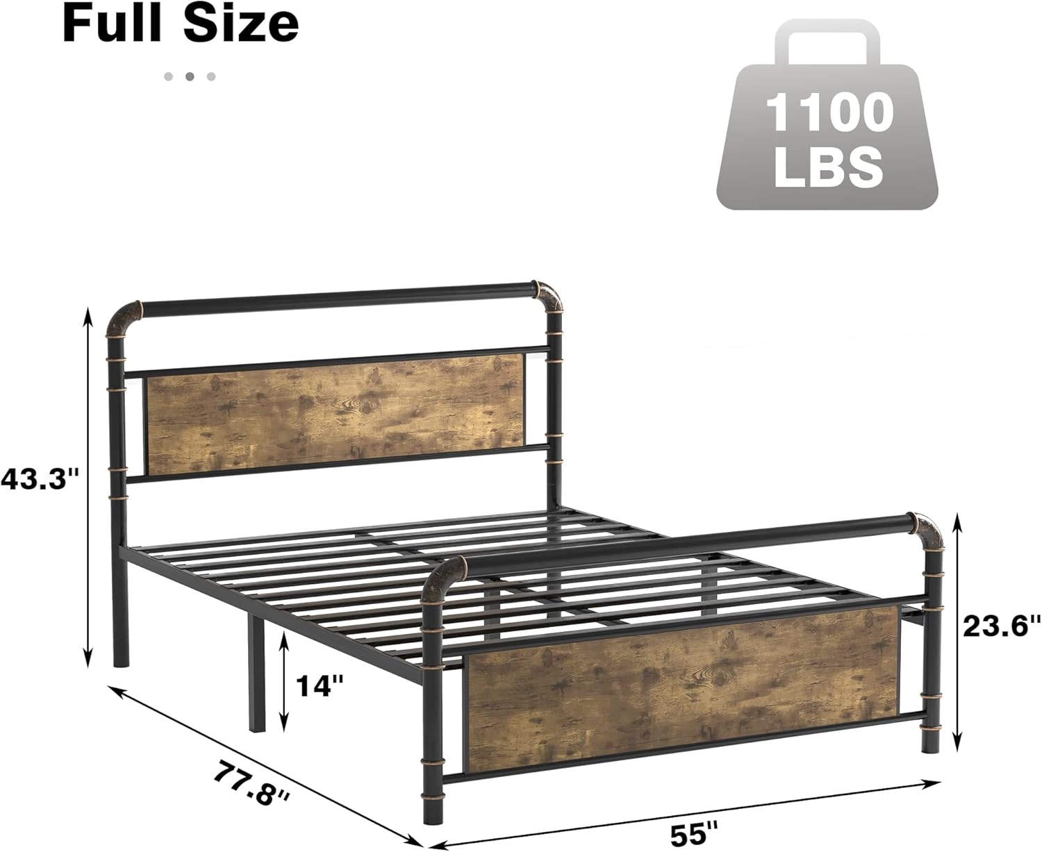 Homhougo Full Size Metal Bed Frame with Wood Headboard & Footboard, Heavy Duty Platform Bed Frame with 14