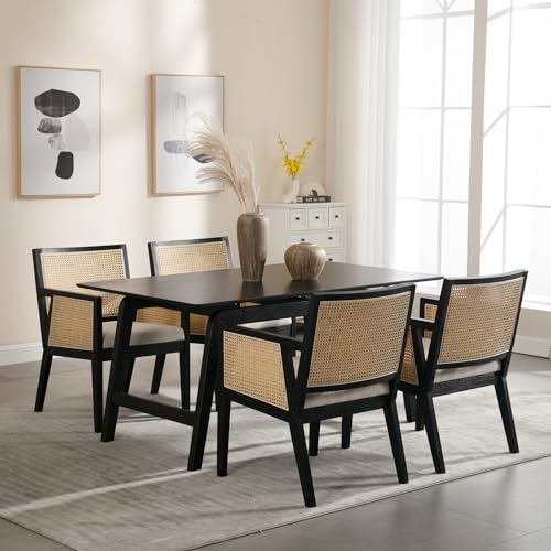 Rattan Back Dining Chairs with Arms Set of 2, Mid Century Modern Dining Chairs Linen Fabric Upholstered Kitchen Chairs Side Chairs with Black Wooden Frame for Dining Room, Cream