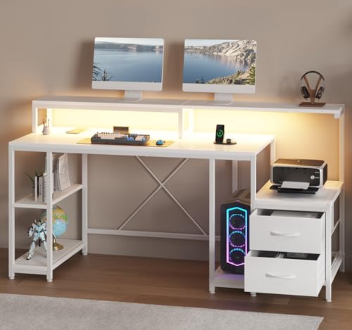 Home Office Desk with LED Light & Power Outlets, 63 inch Computer Desk with Monitor Stand and Printer Space, Gaming Desk with Drawers and Storage Shelves for Study Writing Working, Black