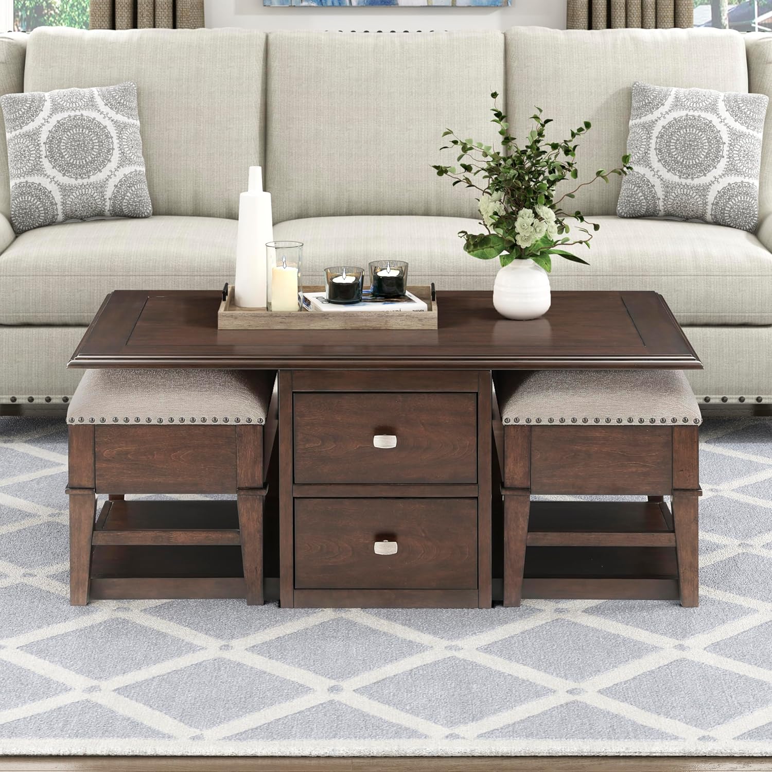 Lexicon Sprague 2-Drawers Wood Coffee Table with Ottomans, Brown