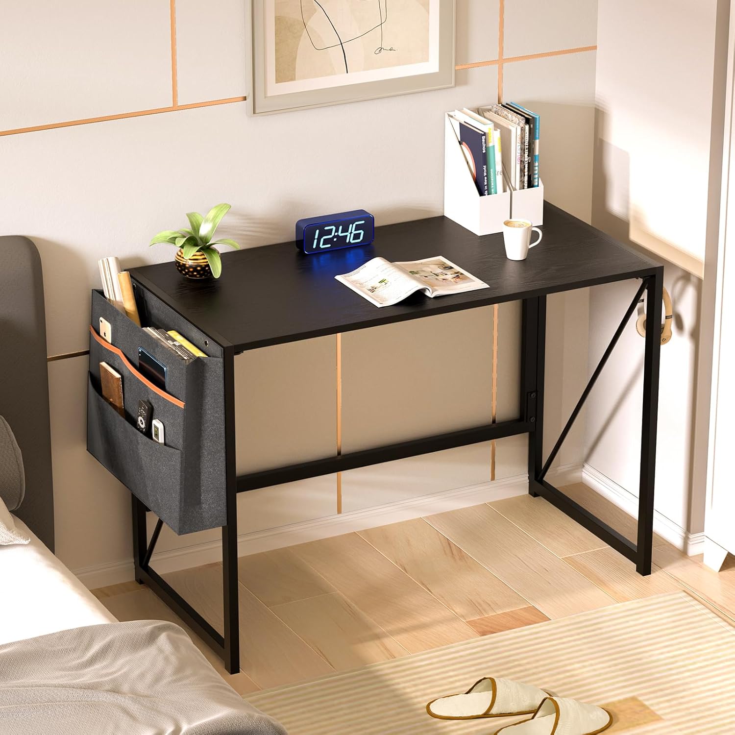 Coavas 39.4 inch Folding Desk Black Set with Storage Bag and Headphone Hook