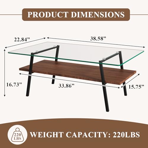 LETESA Double Layer Coffee Table, Tempered Glass Center Table with Storage Shelf, Rectangle Central Table with Metal Legs, Tea Table, Cocktail Table for Living Room, Office (Brown)