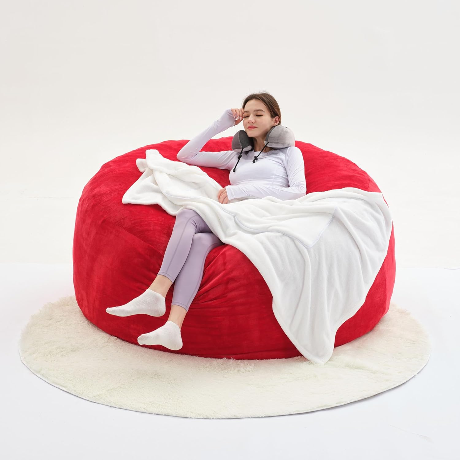 Beanbag Sofa Chair, Large Round Soft Fluffy Flannel Washable beanbag Adult Sofa, 50 lb Memory Sponge Filled Sofa Bed, Living Room Bedroom and Game Room Couch, (red, 5 inches)