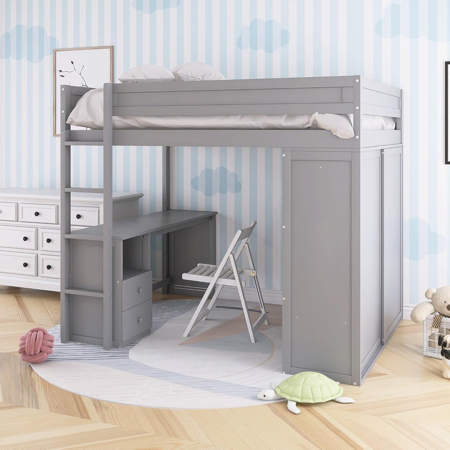 Wood Full Size Loft Bed with and 2-Drawer Desk Cabinet Grey Modern Contemporary Unisex MDF Hidden Storage