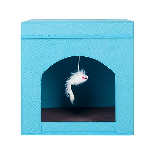 ShellKingdom Collapsible Cat House, Foldable Kitty Cat Cube and Cat Cave with Bed, Cat Stool Condo for Indoor Cats, 13 x 13 x 13 inches (Blue)