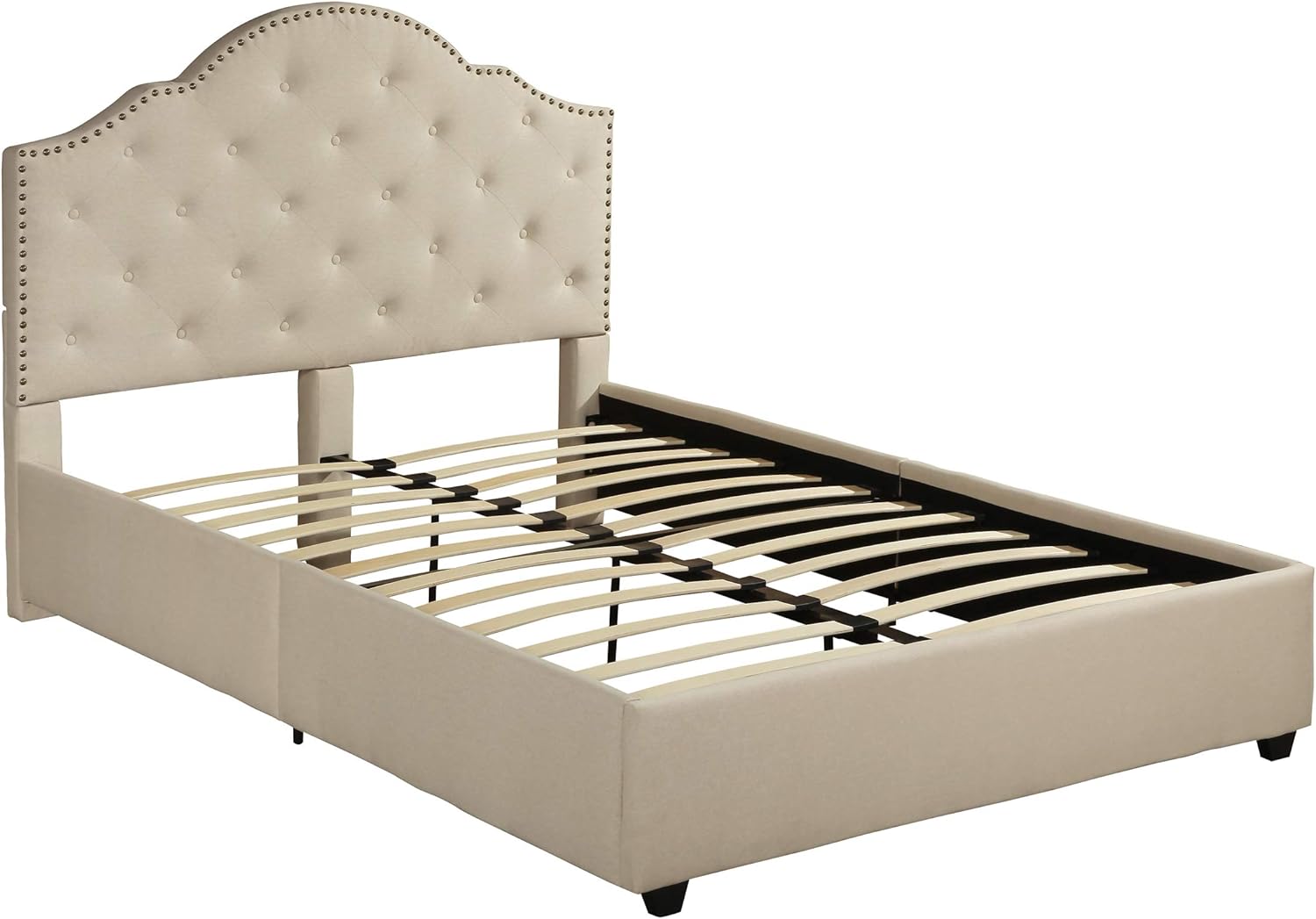 Great Deal Furniture Contemporary Button-Tufted Upholstered Queen Bed Frame with Nailhead Accents, Beige