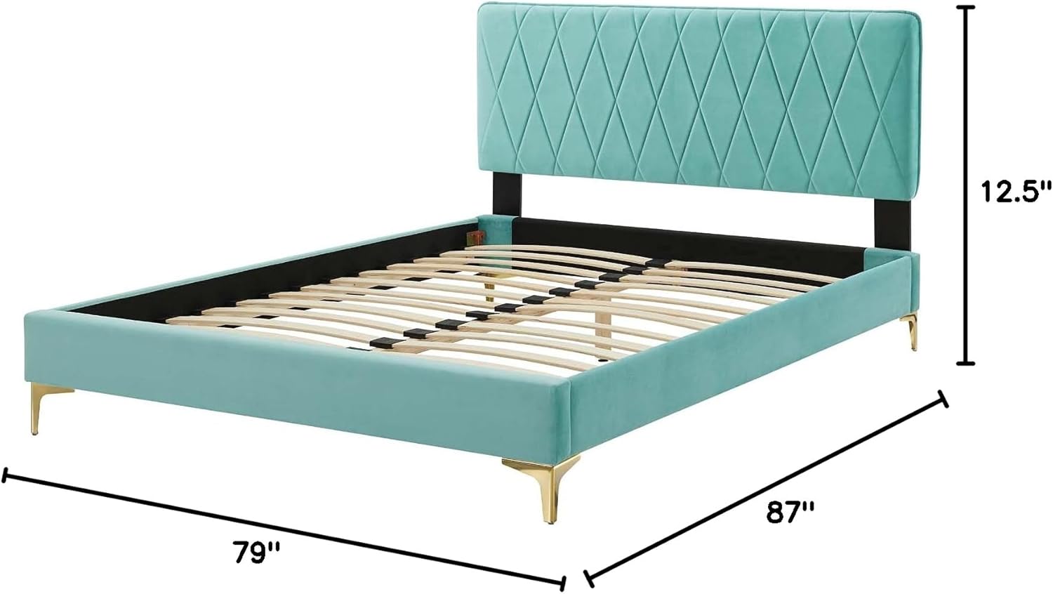 Platform Bed Frame, King Size, Velvet, Blue, Modern Contemporary Urban, Bedroom Master Guest Suite