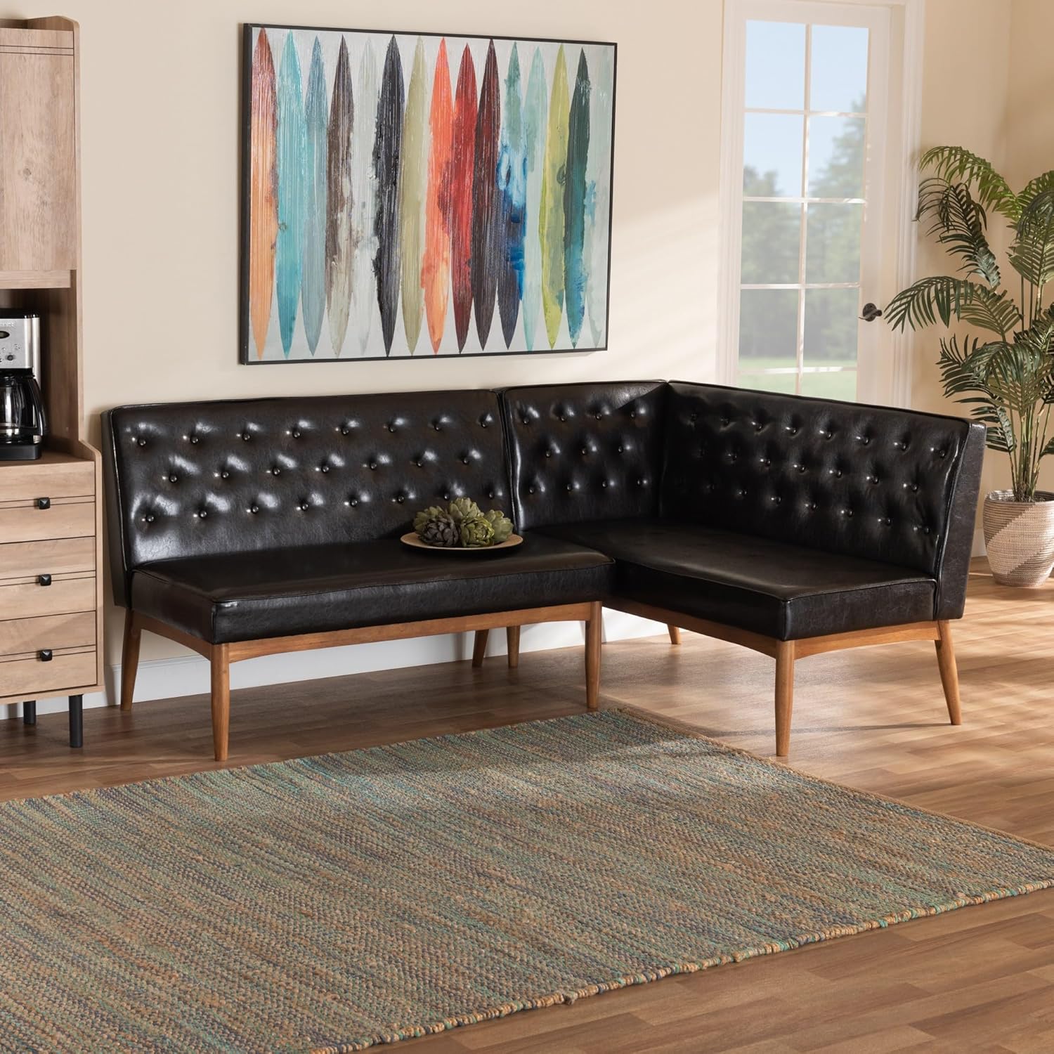 Baxton Studio Riordan Mid-Century Modern Dark Brown Faux Leather Upholstered and Walnut Brown Finished Wood 2-Piece Dining Nook Banquette Set
