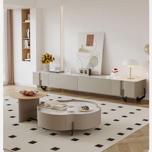 FEELIN TV Console Entertainment Center Modern Cream Style Home Living Room Entertainment Center Simple Marble Slate TV Cabinet with 2 Large Storage Drawers TV Stands for Living Room