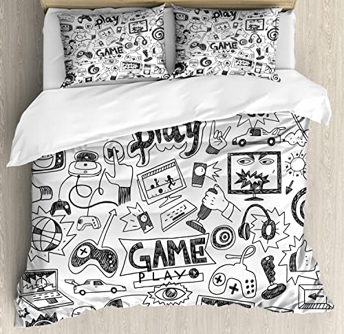 Ambesonne Nature Duvet Cover Set, Leafless Autumn Fall Tree Branches Tops Oak Forest Woodland Season Eco Theme, Decorative 3 Piece Bedding Set with 2 Pillow Shams, King Size, Black White