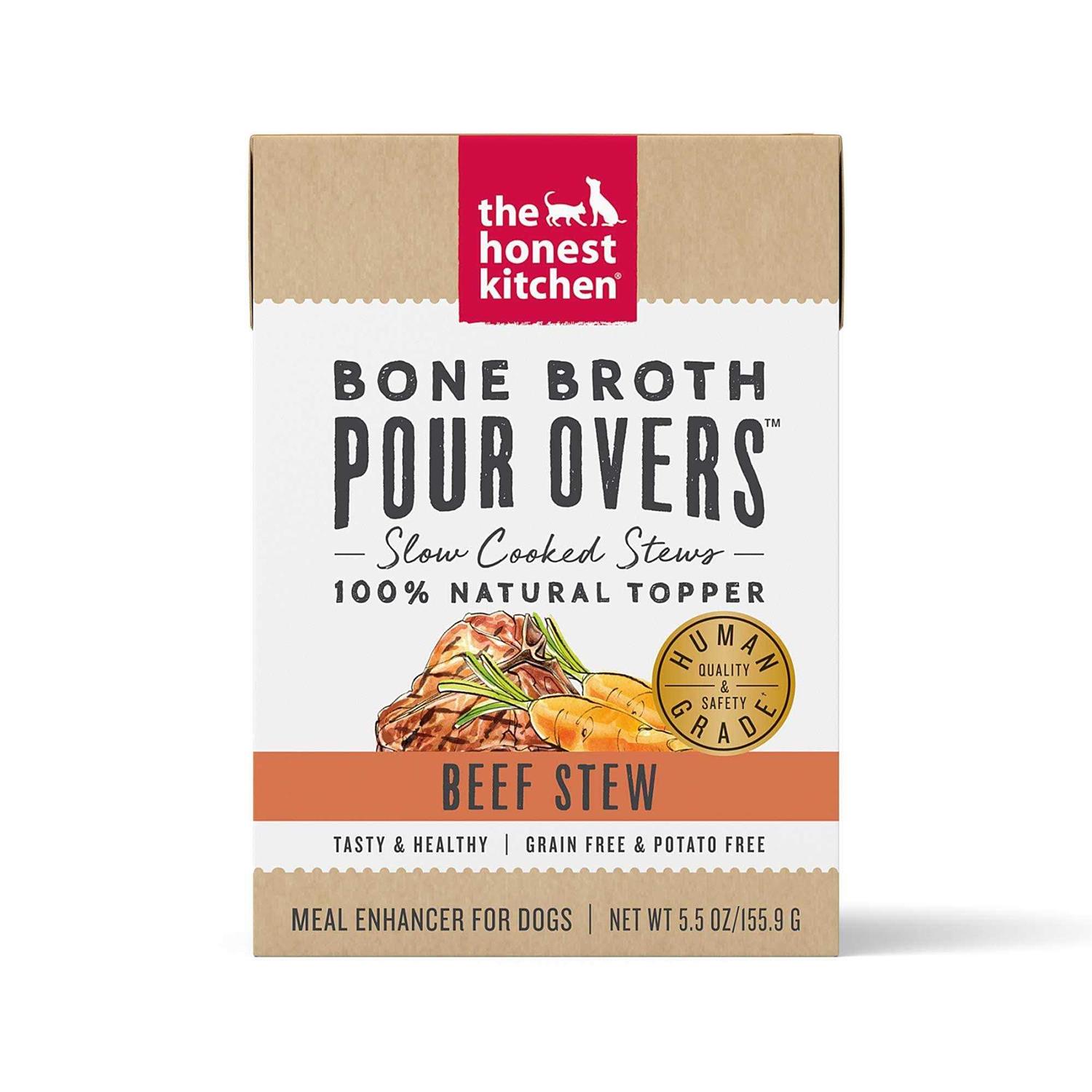 The Honest Kitchen Bone Broth POUR OVERS Beef Stew Wet Dog Food Topper, 5.5-oz, case of 12 - Pet Supplies online store