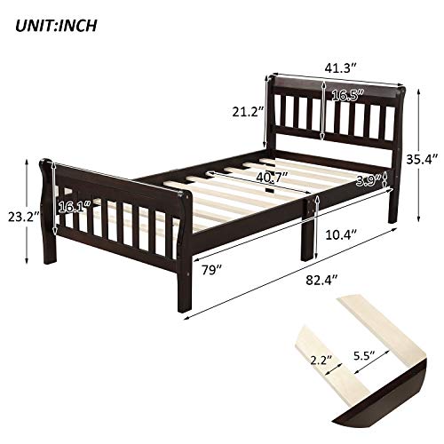 Harper & Bright Designs Wood Twin Size Modern Sleigh Bed for Kids, Platform Bed Twin Bed Frame with Headboard Footboard Wood Slat Support,No Box-Spring Needed