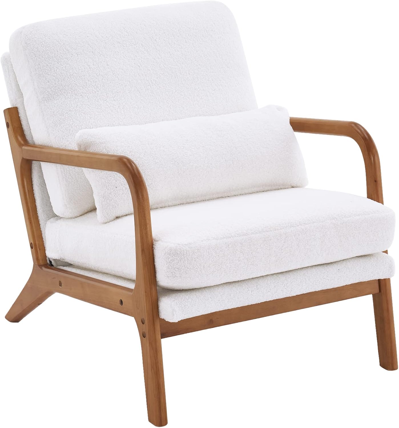 Single Lounge Chair, Soft Bag Teddy Velvet Beige Oak Solid Wood Armrest White Indoor Lounge Chair, Classic Mid-Century Modern Armchair with Back and Seat Cushion, Beige White