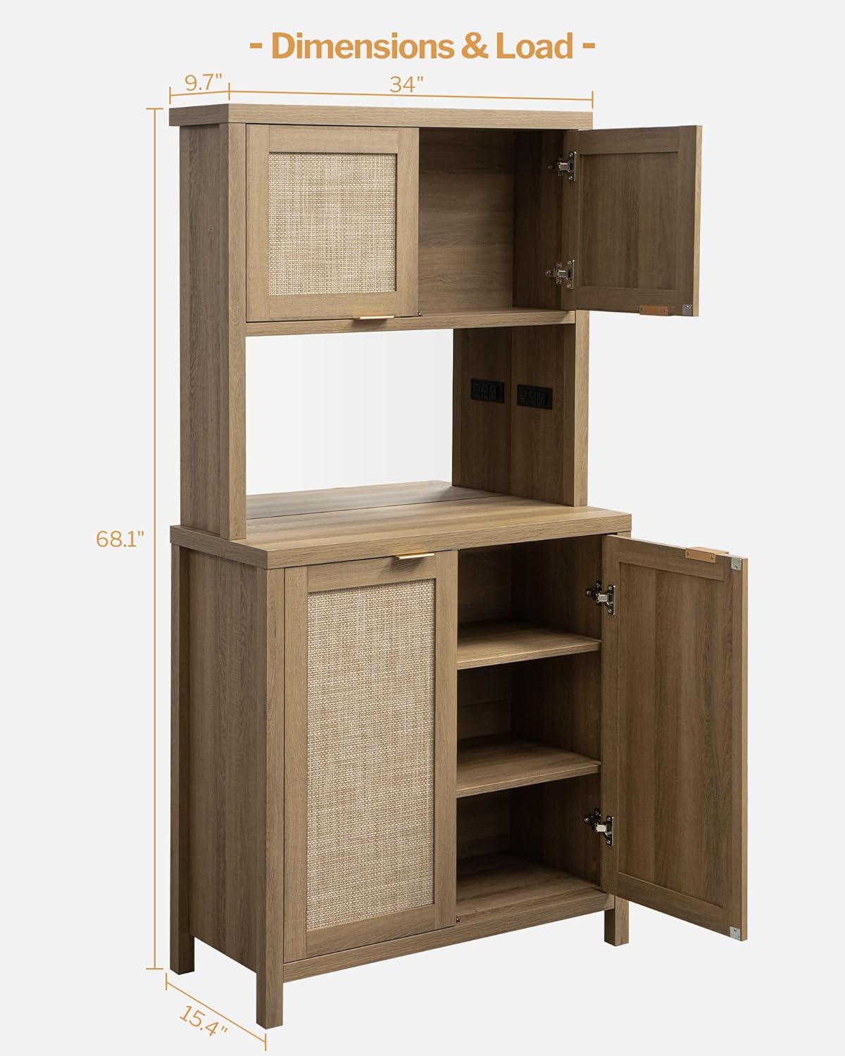 SICOTAS Rattan Pantry Kitchen Storage Cabinet: Tall Pantry Cabinet with Rattan Door, Steel Mirror, Power Outlet, Boho Large Freestanding Cupboard Wood Cabinet for Kitchen, Dining Room, Natural Oak