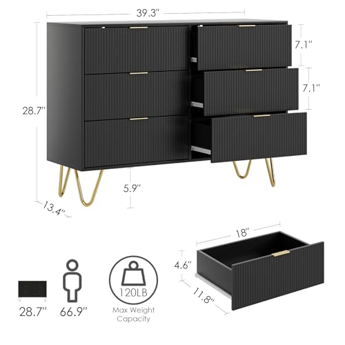 6 Drawer Dresser, Modern Drawer Chest, Wide Storage Dresser Chest Cabinet Organizer Unit with Metal Legs, Chest of Drawers for Bedroom, Living Room, Closet, Entryway, Black Stripe