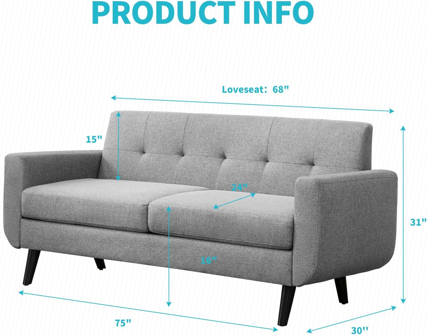 CECER 68''Mid-Century Modern Sofa,Breathable Fabric Loveseat Sofa with Upholstered,Herringbone Fabric Sofa for Living Room,Light Grey