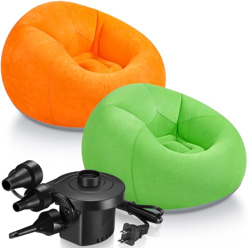 2 Pcs Inflatable Sofa with Electric Air Pump Bean Bag Inflatable Lounge Chair Inflatable Lazy Sofa Folding Portable Inflatable Chair for Living Room Bedroom Balcony Reading (Orange, Green)