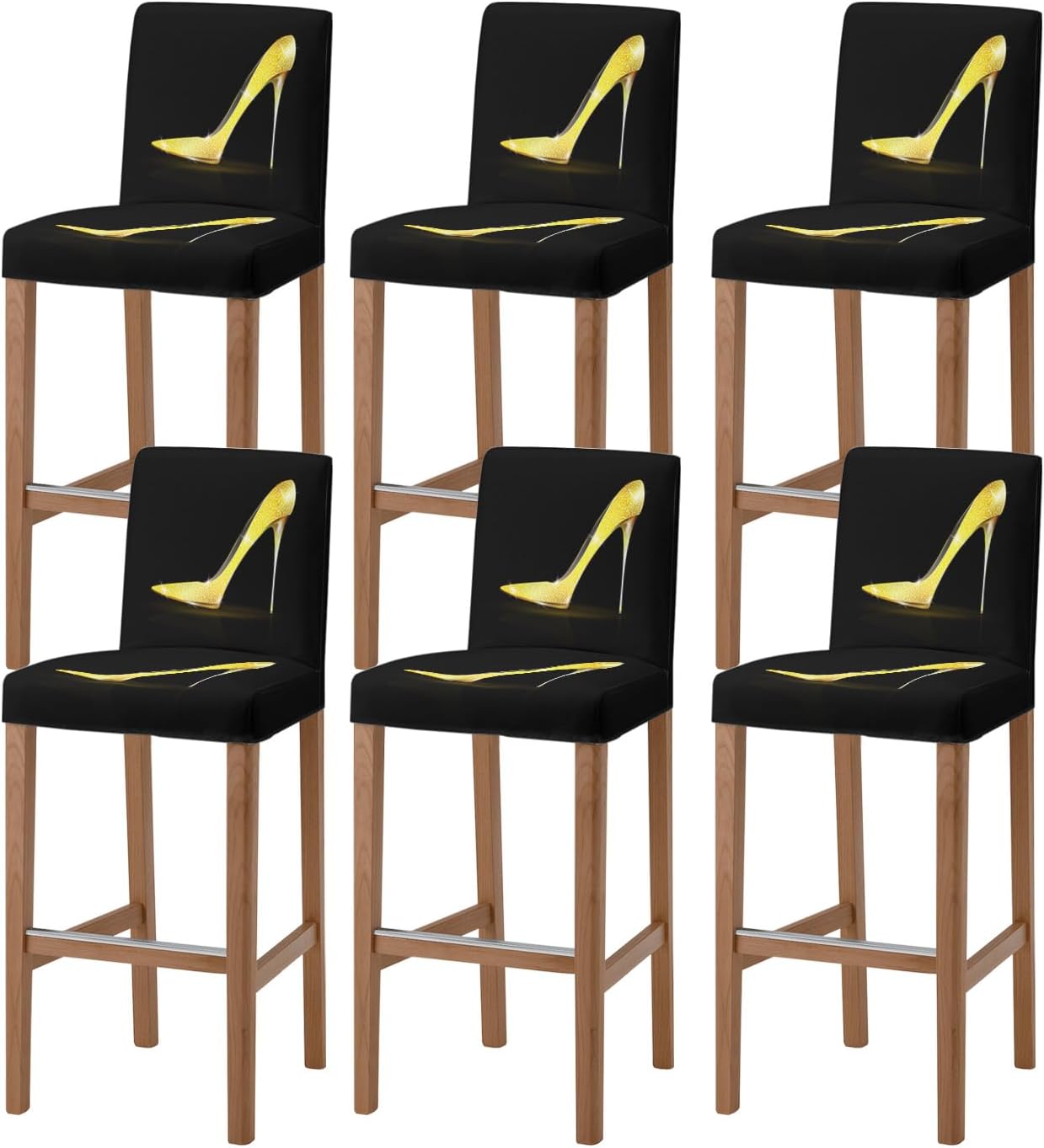 Bar Stool Covers Golden Shinny High-heeled Shoes Bar Chair Cover Set of 6 Stretch Chair Covers Fashion Lady Counter Height Chair Slipcovers Protectors for Kitchen Dining Room Pub Cafe Furniture