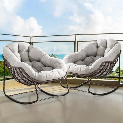 Outdoor Papasan Rocking Chair - Oversized Comfy Patio Chair Indoor Egg Royal Rattan Rocking Chair with Cushion for Front Porch Lounge Lawn Bedroom Living Room (Cream)